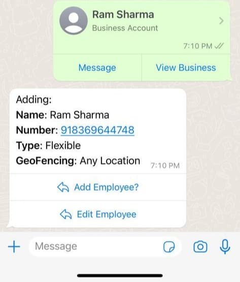 WhatsApp Attendance Bot adding an employee with geo-fencing options