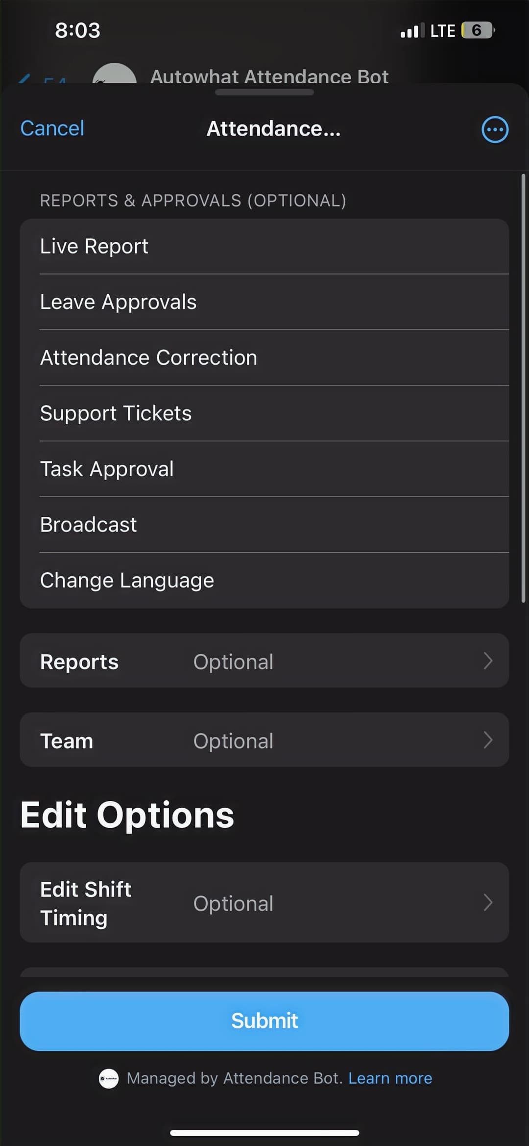 Employee Attendance Bot screen — live report, leave approvals, and broadcasts